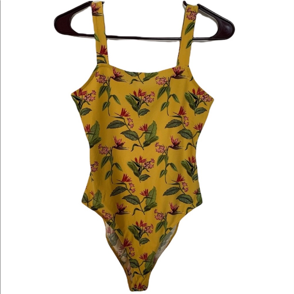 Forever 21 Yellow Floral Print Tank Top Bodysuit